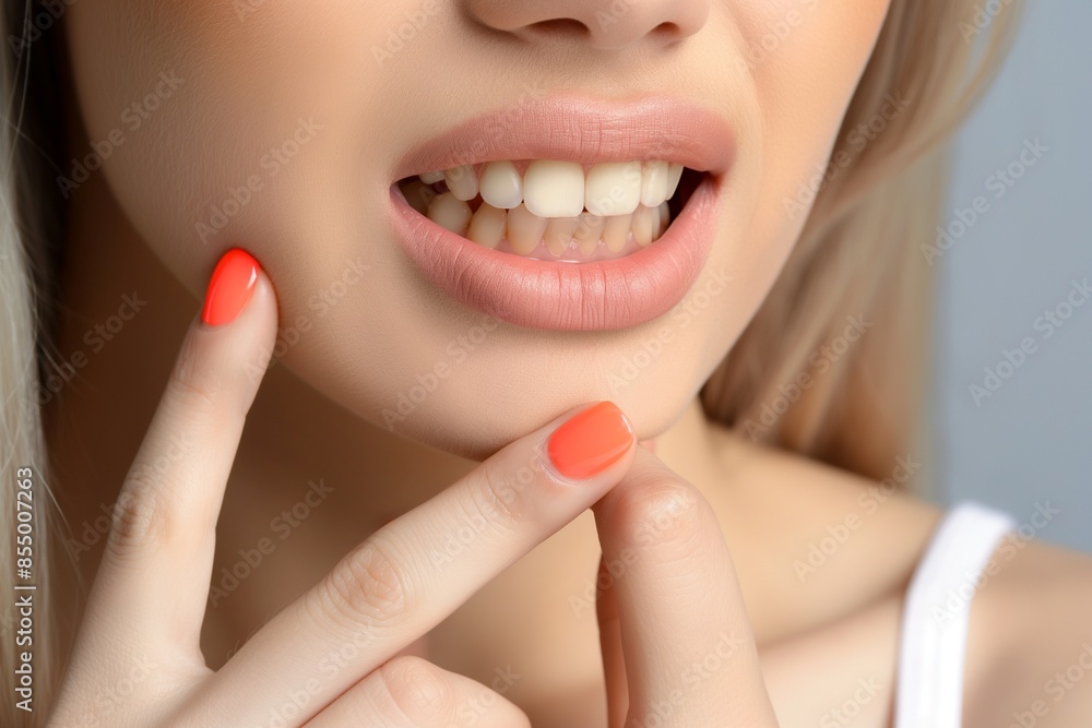 Obraz premium Woman showing inflamed gum on grey background closeup, Closeup of Woman with Inflamed Gum on Grey Background, Signs and Treatment, Understanding Gum Inflammation, Closeup of Woman Showing Symptoms on 