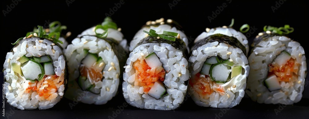 Close Up of Salmon Sushi Rolls With Sesame Seeds and Avocado Close Up of Salmon Sushi Rolls With Sesame Seeds and Avocado