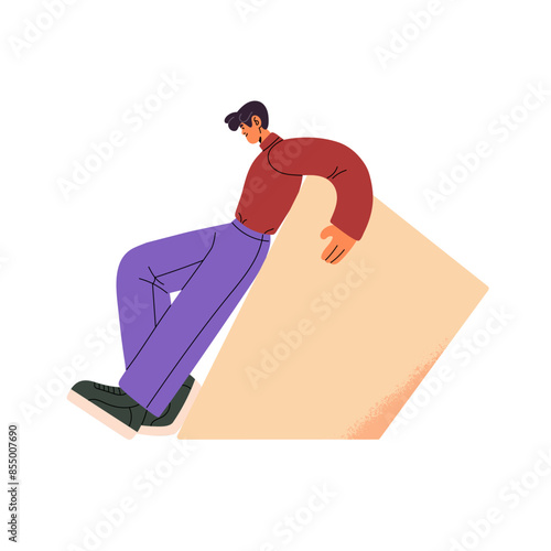 Hardworking person works alone. Office worker pushes heavy geometric shape. People overcome challenges, problem, rushing to success concept. Flat isolated vector illustration on white background