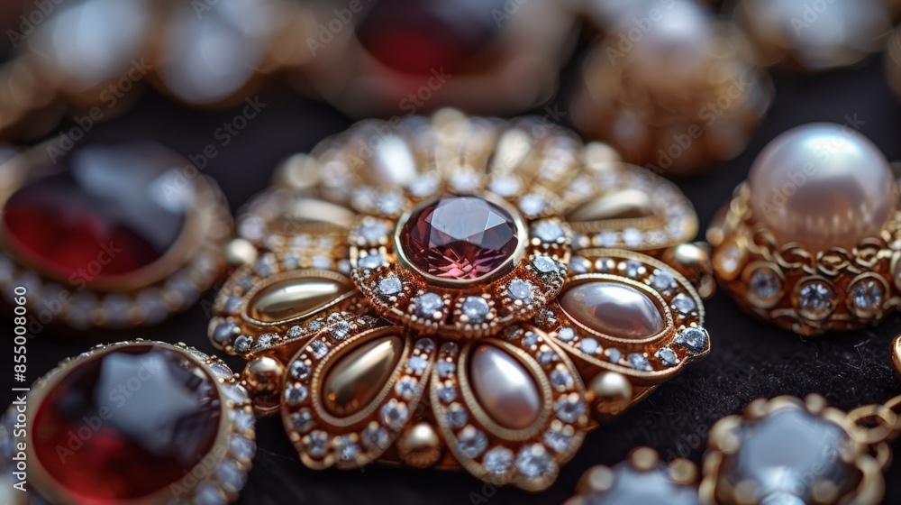 Antique Jewelry:a detailed close-up of a piece of antique jewelry, such as a brooch or necklace, with intricate designs and precious stones. Emphasize the elegance and history. Antique Jewelry:a detailed close-up of a piece of antique jewelry, such as a brooch or necklace, with intricate designs and precious stones. Emphasize the elegance and history.