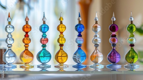 Colorful Galileo thermometer in various settings photo