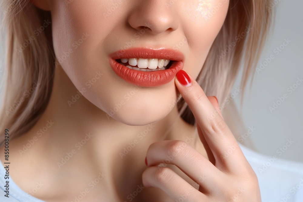 Woman showing inflamed gum on grey background closeup, Closeup of Woman with Inflamed Gum on Grey Background, Signs and Treatment, Understanding Gum Inflammation, Closeup of Woman Showing Symptoms on Woman showing inflamed gum on grey background closeup, Closeup of Woman with Inflamed Gum on Grey Background, Signs and Treatment, Understanding Gum Inflammation, Closeup of Woman Showing Symptoms on