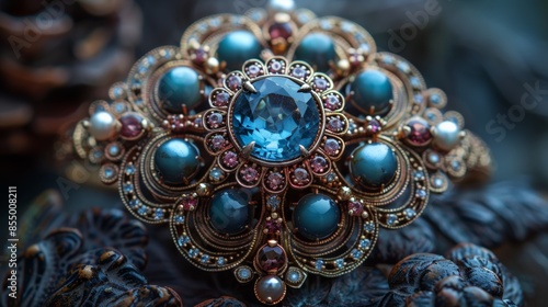 Antique Jewelry:a detailed close-up of a piece of antique jewelry, such as a brooch or necklace, with intricate designs and precious stones. Emphasize the elegance and history. 