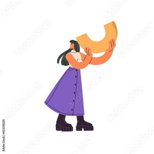 Happy employee takes part in project concept. Office worker carries geometric shape alone. Person with figure in hand to build construction. Flat isolated vector illustration on white background