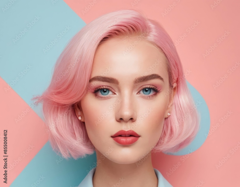 Portrait of a woman in flat illustration style. Abstract Memphis, minimal, pastel blue and pink. Portrait of a woman in flat illustration style. Abstract Memphis, minimal, pastel blue and pink.
