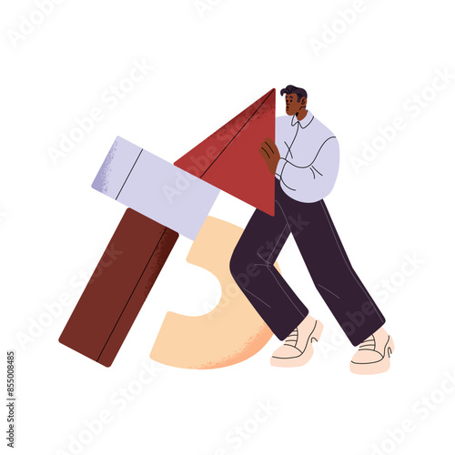 Hardworking worker challenges many tasks alone. Person pushes heavy geometric shapes. People work, overcome problems, rushing to success concept. Flat isolated vector illustration on white background
