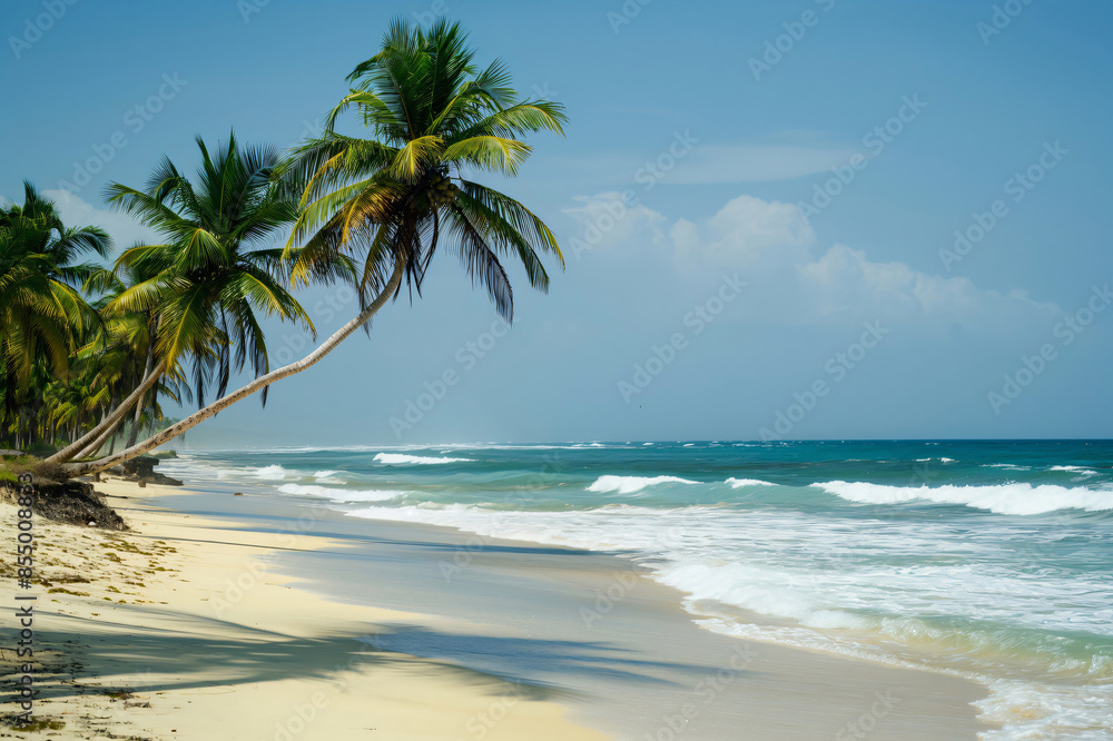 Obraz premium Tranquil and idyllic tropical beach paradise with lush palm trees. Sandy shore. And clear blue sky. Featuring gentle waves and a serene seascape