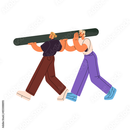 Team carries heavy geometric shape together. Employees with figure in hands to corporate creation. Successful strategy of teamwork, cooperation in business. Flat isolated vector illustration on white