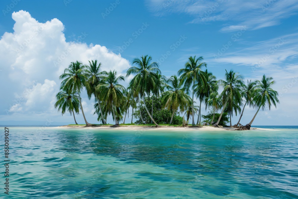 Tranquil and serene tropical island paradise with palm trees, white sand beach, and turquoise water, perfect for relaxation and getaway vacation Tranquil and serene tropical island paradise with palm trees, white sand beach, and turquoise water, perfect for relaxation and getaway vacation