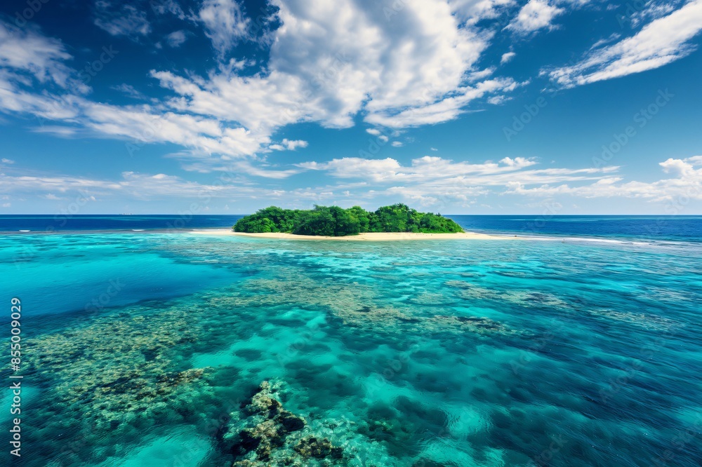 Obraz premium Aerial view of a secluded. Serene. And unspoiled tropical island oasis with turquoise waters. Lush vegetation. And a pristine coral reef