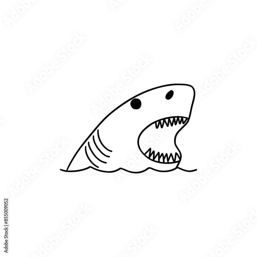 Attack of shark, breaching the surface with mouth open on a white background, handmade cartoon style. Vector