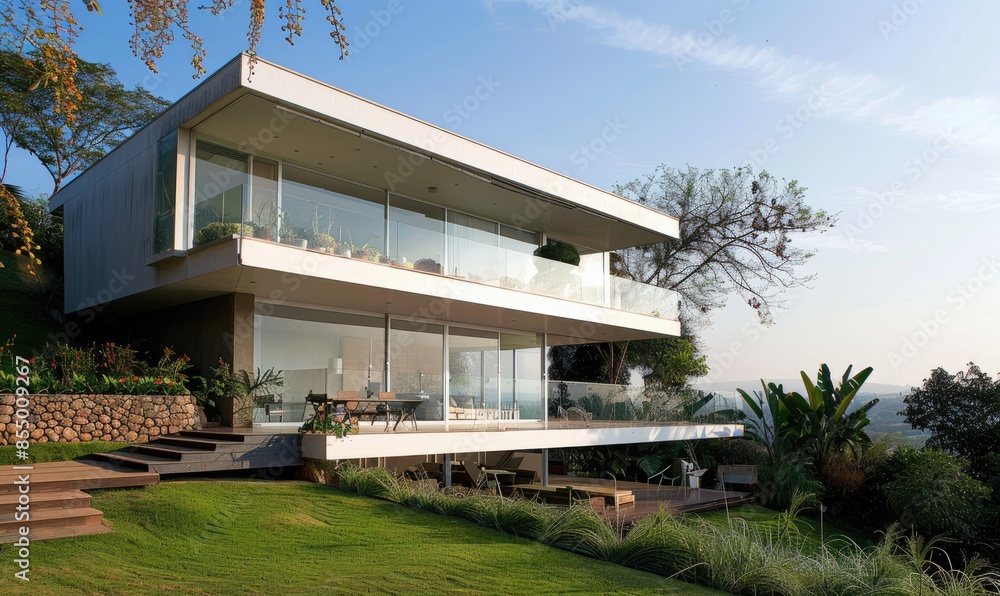 Fototapeta premium Modern Minimalist Luxurious Home on Outskirts Under Cloudy Sky