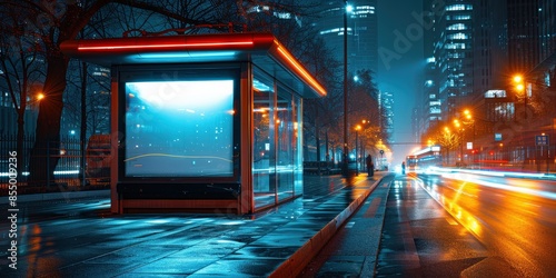 Modern Cityscape with Illuminated Bus Stop