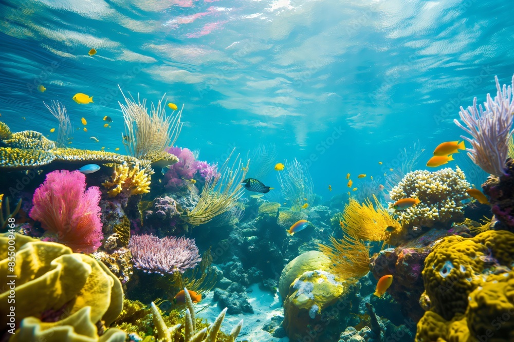 Naklejka premium Underwater photography capturing the stunning beauty of a vibrant coral reef ecosystem with various tropical fish swimming among the corals