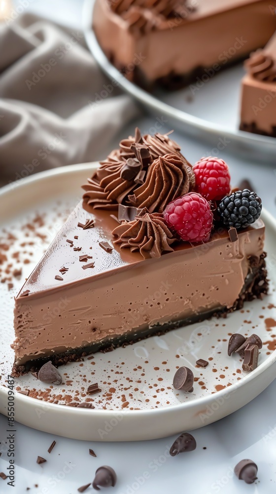 Delicious slice of chocolate cheesecake garnished with fresh raspberries and blackberries, perfect for dessert lovers. Delicious slice of chocolate cheesecake garnished with fresh raspberries and blackberries, perfect for dessert lovers.