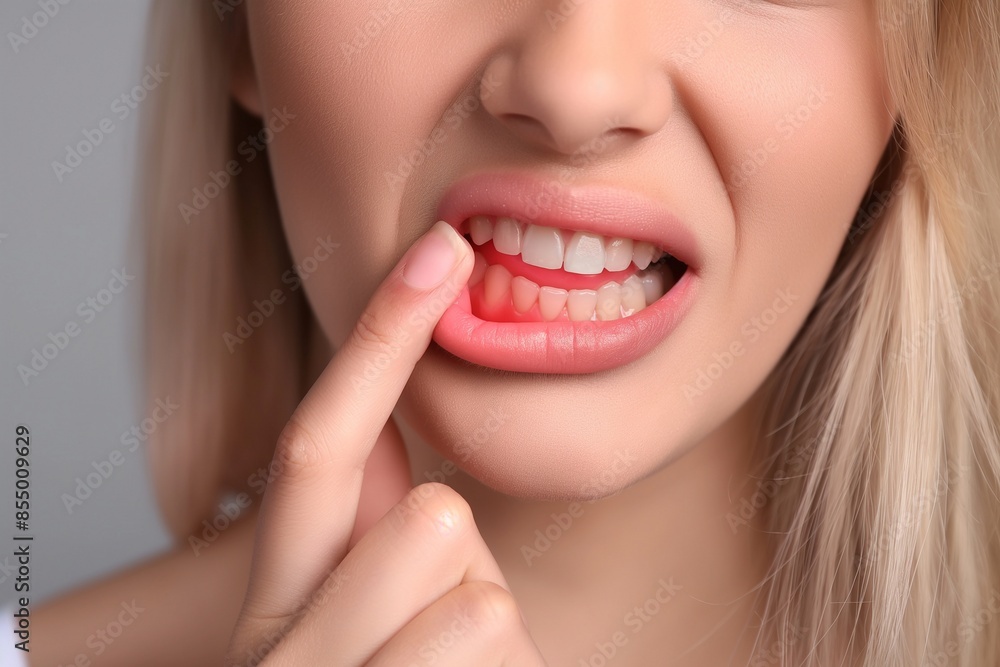Woman showing inflamed gum on grey background closeup, Closeup of Woman with Inflamed Gum on Grey Background, Signs and Treatment, Understanding Gum Inflammation, Closeup of Woman Showing Symptoms on Woman showing inflamed gum on grey background closeup, Closeup of Woman with Inflamed Gum on Grey Background, Signs and Treatment, Understanding Gum Inflammation, Closeup of Woman Showing Symptoms on