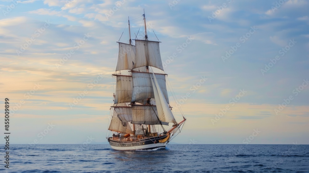 A sailing ship as it peacefully cuts through the foam of the sea, generative AI A sailing ship as it peacefully cuts through the foam of the sea, generative AI