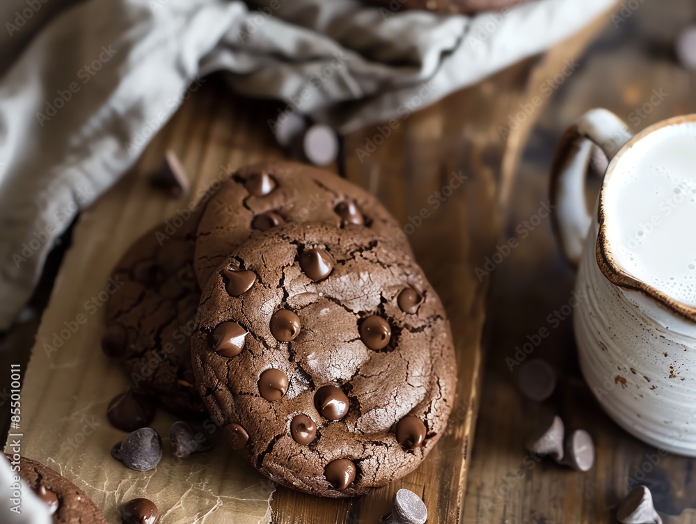 Delicious homemade chocolate chip cookies with a cup of milk on a rustic wooden table, perfect for baking and dessert themes. Delicious homemade chocolate chip cookies with a cup of milk on a rustic wooden table, perfect for baking and dessert themes.