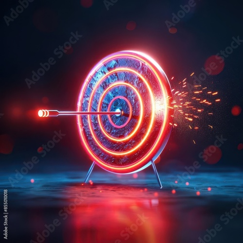 A glowing red target with an arrow piercing the center, sparks flying out.  The concept of success and achievement. photo