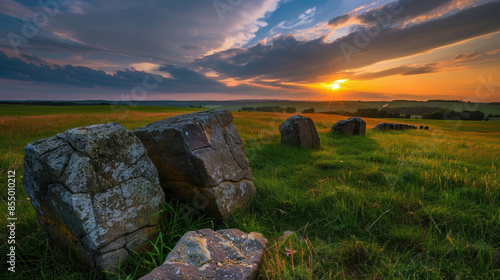 A field with a large rock in the foreground and a sunset in the background