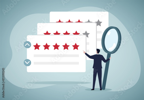 Reputation management team monitor online feedback rating to improve brand positive rank and gain customer trust concept, marketing team monitor and analyze stars rating to increase satisfaction.