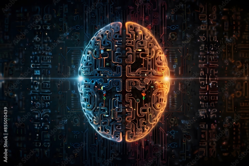 Fototapeta premium A digital brain made of binary code and circuit patterns, symbolizing the intelligence and processing power of AI
