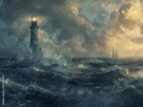 Dramatic seascape featuring a lighthouse amidst stormy waters, capturing the intense mood of the ocean with waves crashing under dark skies.