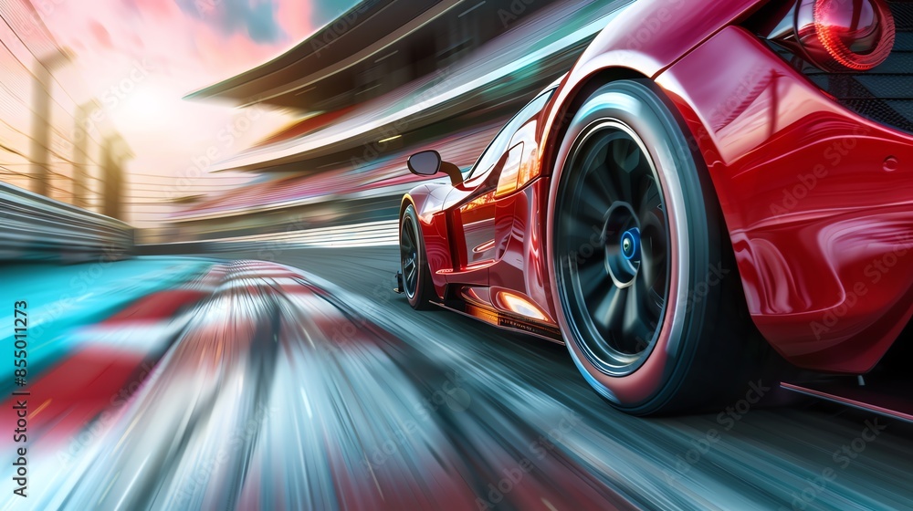 Red sports car racing at high speed on a track, viewed from a low angle, emphasizing speed and motion with blurred background. Red sports car racing at high speed on a track, viewed from a low angle, emphasizing speed and motion with blurred background.