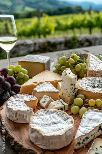 Tasting of various flavors of cheese served on wooden platter, glass of white wine and grapes with French vineyards view. © Denis