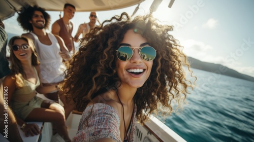 Woman wearing sunglasses having fun with friends at a boat party A group of young people are relaxing on a luxury yacht with drinks and taking selfies.