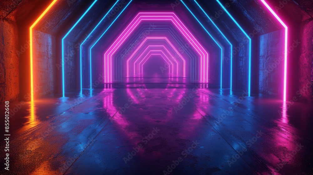 Fototapeta premium Neon Light Tunnel With Pink, Orange, and Blue Lines