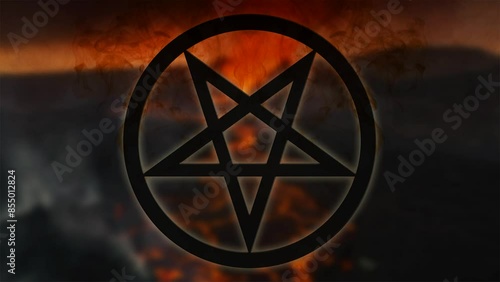 Satanic pentagram on the background of a volcanic eruption