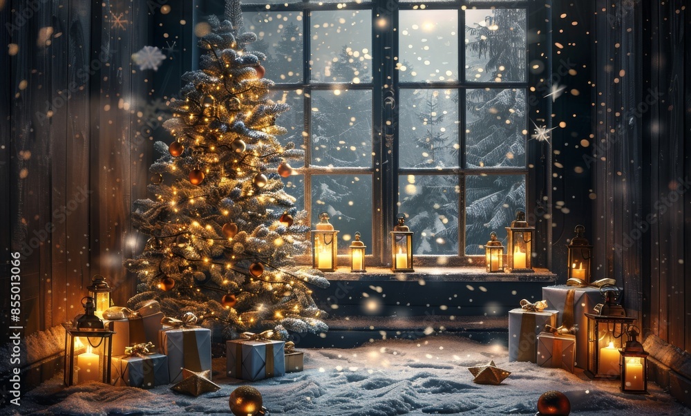 Decorated Christmas Tree By Window With Falling Snow Decorated Christmas Tree By Window With Falling Snow
