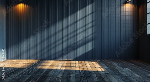Dark Blue Room With Wooden Floor and Sunlight Streaming Through Window