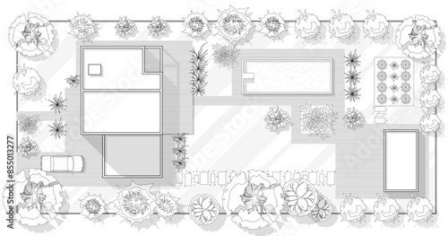 Landscape design plan with house, courtyard, lawn and garage top view. Highly detailed blueprint plan of a country Top view of a house. Vector illustration of Cityscape or Map of town, village
