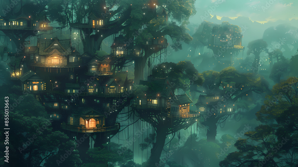 Fototapeta premium tree house, anime manga illustration, cover wallpaper