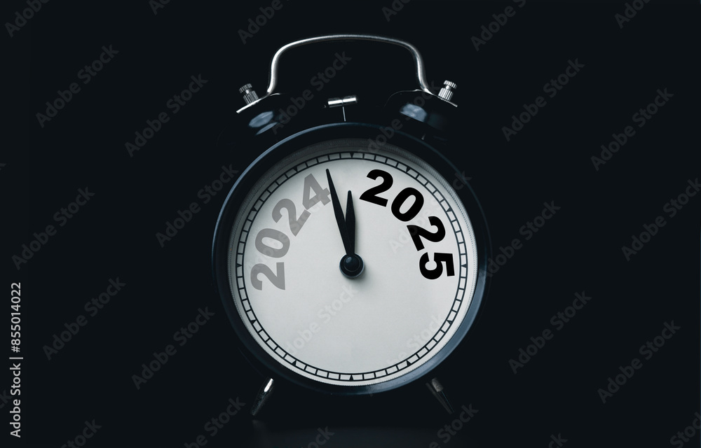2024 and 2025 on black alarm clock on dark background with copy space for preparation of Merry Christmas and Happy new year concept. 2024 and 2025 on black alarm clock on dark background with copy space for preparation of Merry Christmas and Happy new year concept.