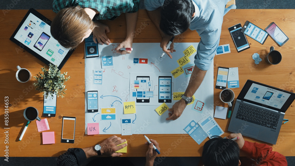 Top view of developer team sharing idea of Ux Ui design by using mind ...