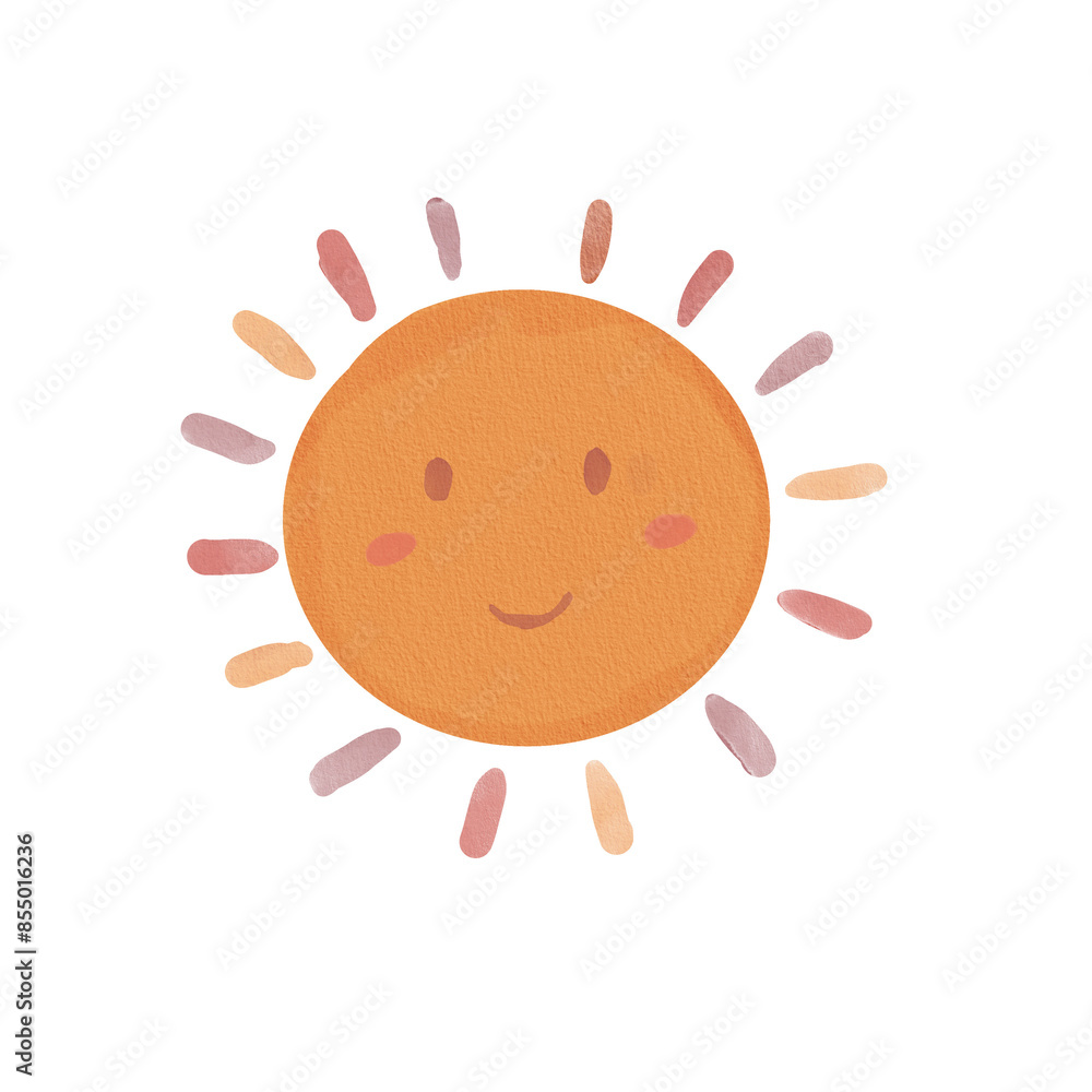 Watercolor illustration of a sun with a face on it isolated on a white background. Watercolor illustration of a sun with a face on it isolated on a white background.