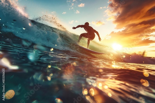 Exhilarating sunset surfing adventure at the dynamic sea with a silhouette of a surfer riding the waves during the golden hour © Татьяна Евдокимова
