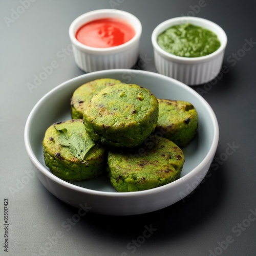 Indian vegetarian snack dish hara bhara kabab or kebab served chutney