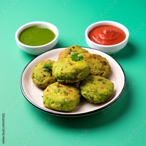 Indian vegetarian snack dish hara bhara kabab or kebab served chutney on cyan colour background