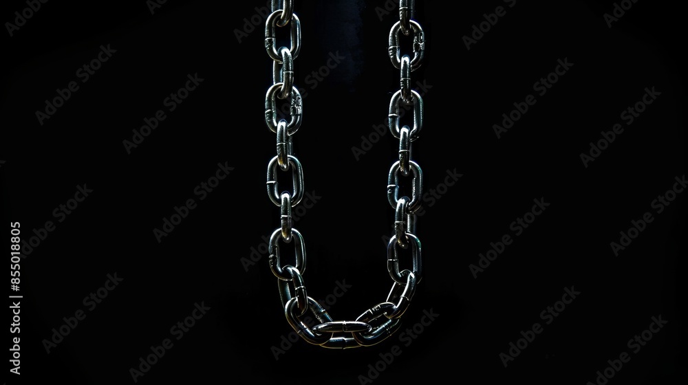 Metal chain hanging against a black background, isolated view. Industrial concept Metal chain hanging against a black background, isolated view. Industrial concept