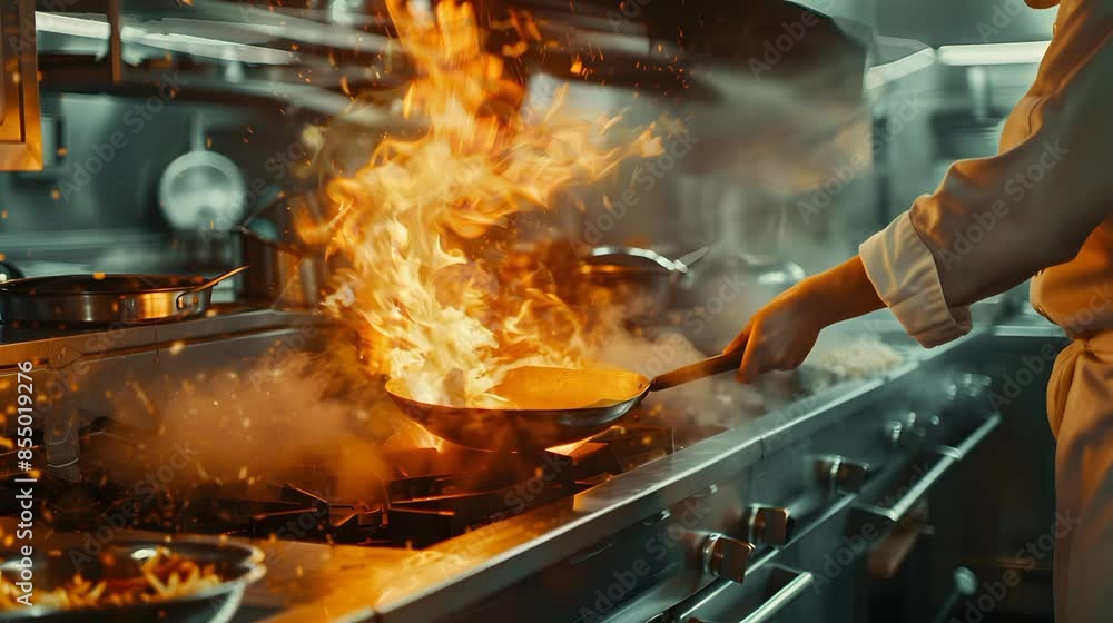 Dramatic wok cooking performance with flames and sizzling food. Captivating street food market scene Dramatic wok cooking performance with flames and sizzling food. Captivating street food market scene