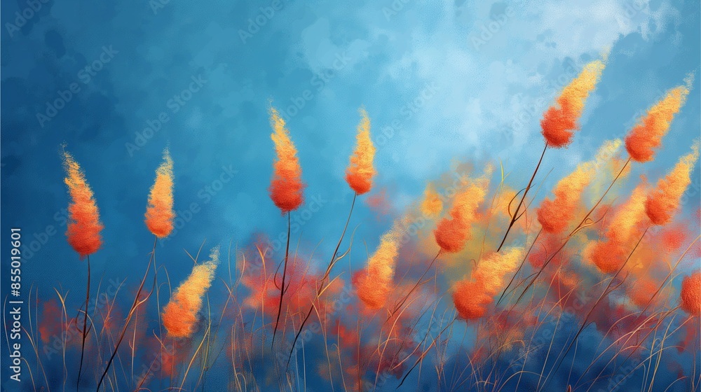 Obraz premium Abstract nature art illustration of beautiful colorful orange and yellow grass flowers on a blue background.