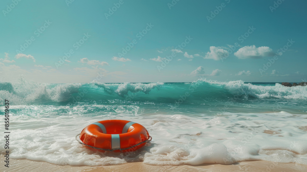 Orange lifebuoy on sandy beach with turquoise waves, safety and relaxation concept