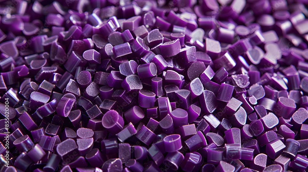 Obraz premium polymer masterbatch granules isolated on a purple texture background for banner design for product profile photos in industrial plastic company catalogues