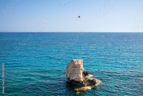 Love bridge in Agia Napa Cyprus. Beautiful seascape. Travel tourist attraction. Seascape on the background of the wild rocky coast. Wild beach, azure water and rocks.  Mediterranean sea