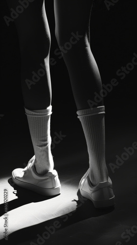 Close-up of legs in socks and sneakers, monochrome shot with dramatic lighting. Fashion and style concept