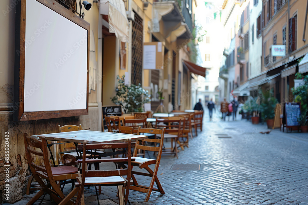 Obraz premium Quaint European Street with Outdoor Cafes and Empty Chairs, Narrow Alleyway Lined with Old Architecture, Blank Billboard, Quiet Atmosphere with Distant Figures, Perfect for Urban Exploration